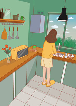 厨房室内场景图手绘插画