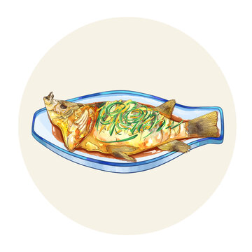 手繪水彩傳統(tǒng)美食清蒸魚