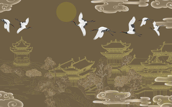 矢量樓閣背景墻