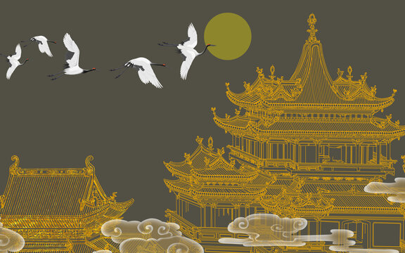 新中式装饰画楼阁背景墙