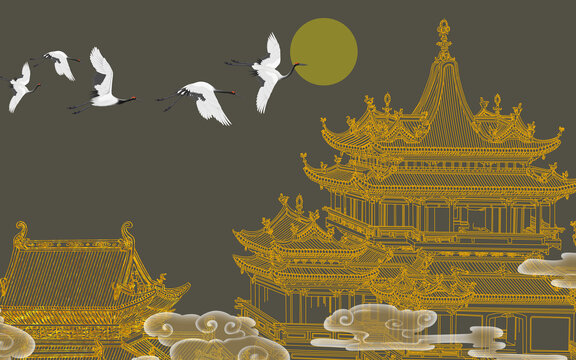 新中式裝飾畫樓閣背景墻