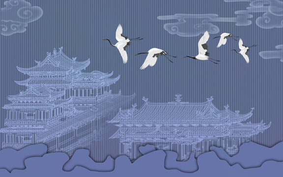 禪意矢量線描樓閣背景墻