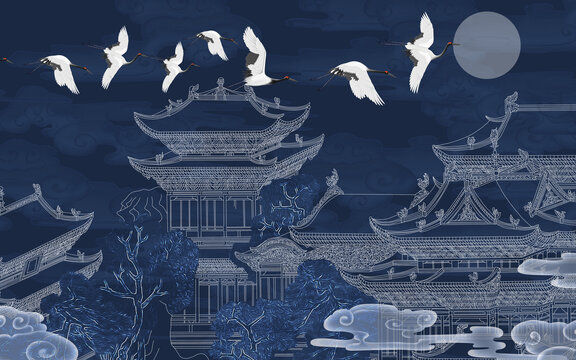 禪意矢量線描樓閣背景墻