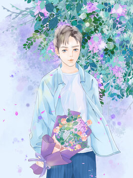 唯美小清新捧著花的少年