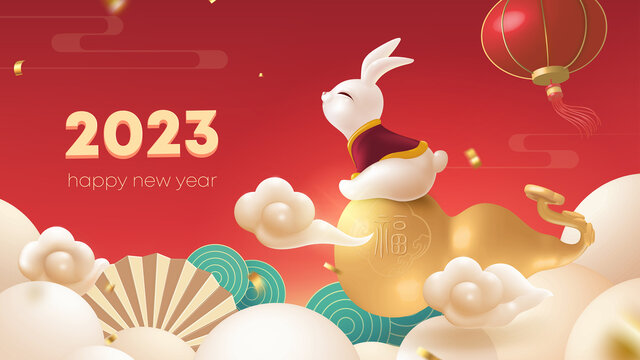 春節(jié)插畫設(shè)計葫蘆上飛行的兔子