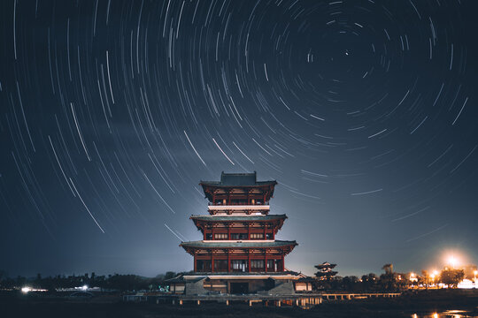 古风佛塔楼宇星轨夜景