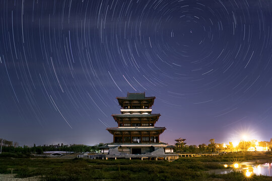 古风佛塔楼宇星轨夜景