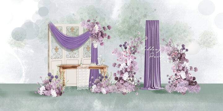 粉紫色婚礼合影区