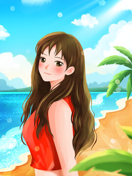 夏天海邊度假女孩插畫