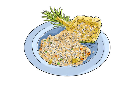 炒菠蘿飯炒飯手繪美食插畫
