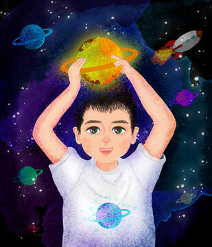 插畫星空火箭手舉星球的小男孩
