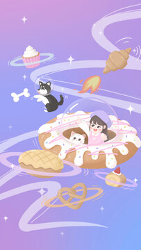 太空甜甜圈甜品創(chuàng)意插畫