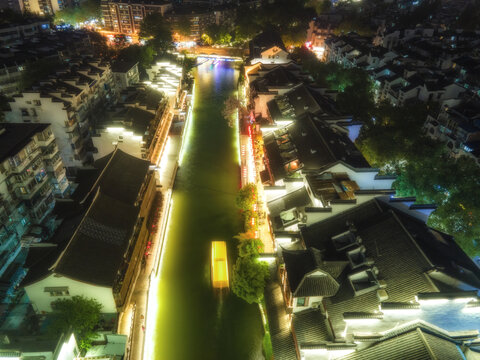 航拍南京老城秦淮河夜景