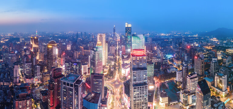 航拍南京城市摩天大楼夜景