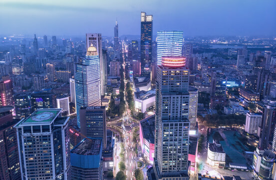 航拍南京城市办公楼夜景