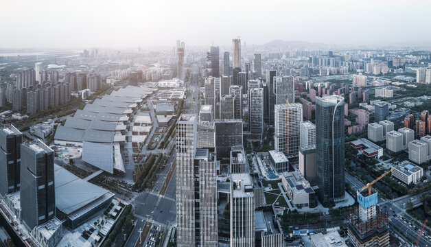 航拍南京河西新城现代建筑街景