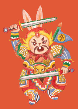 2023年門神兔新年國(guó)朝插畫