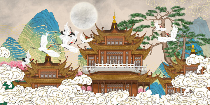 閣樓皇宮祥云仙鶴