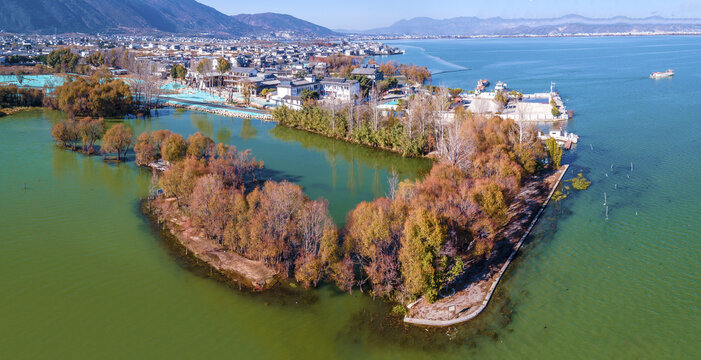 航拍大理桃源古渡风景区全景