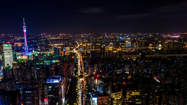 广州大道夜景交通航拍