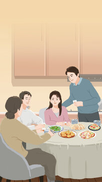 家人在家聚餐吃飯插畫