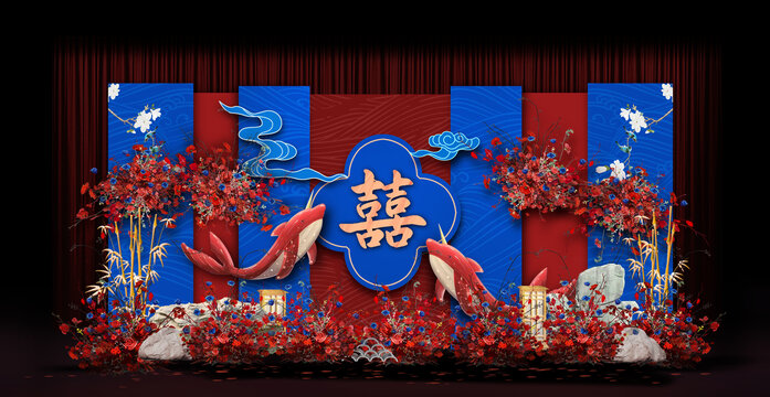紅藍中式婚禮手繪效果圖