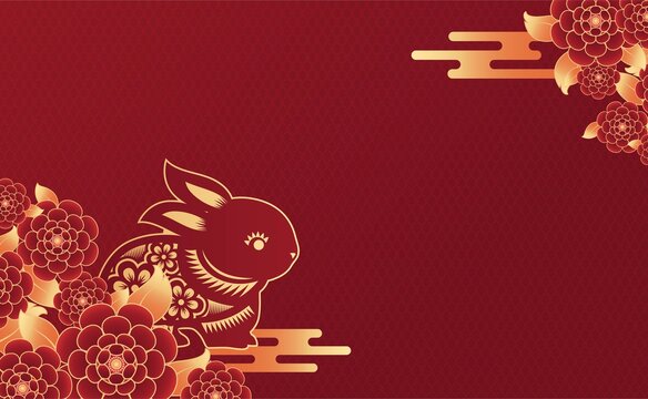 中国剪纸风兔子花卉贺图