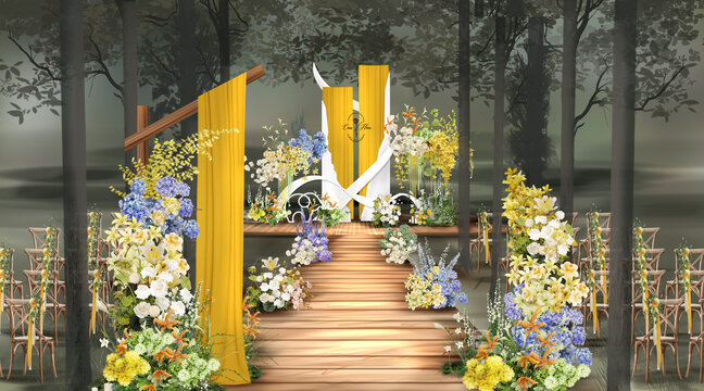 黄色自由生长手绘婚礼效果图