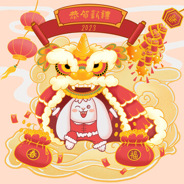 手繪兔年賀春插畫(huà)