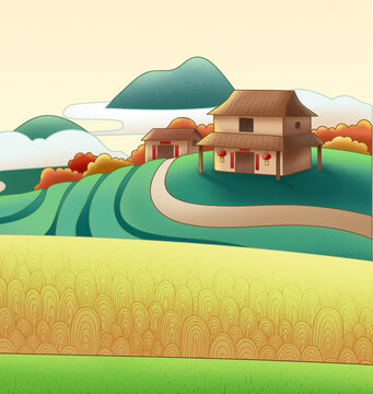 農(nóng)村小房子田野插畫