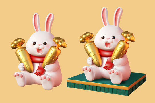 三維紅圍巾可愛兔子抱金色胡蘿卜素材