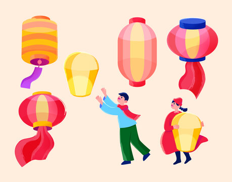 元宵節(jié)燈籠插畫素材組合