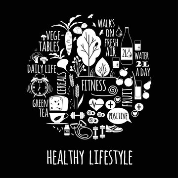 圓形排列健康飲食生活概念黑底插圖