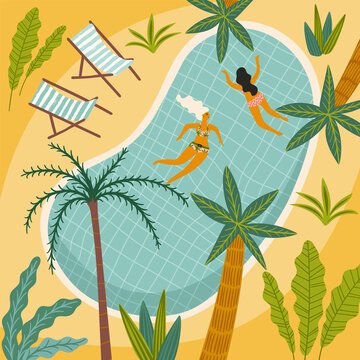 夏日游泳手繪風(fēng)矢量插圖