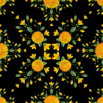 黄色纸艺菊花对称排列四方连续纹样