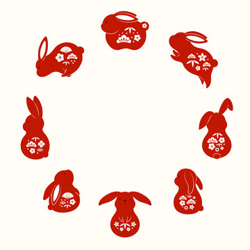 不同姿态新年元素花纹兔子圆形边框插图