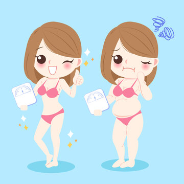 女性手拿體重秤 瘦身前后平面插圖
