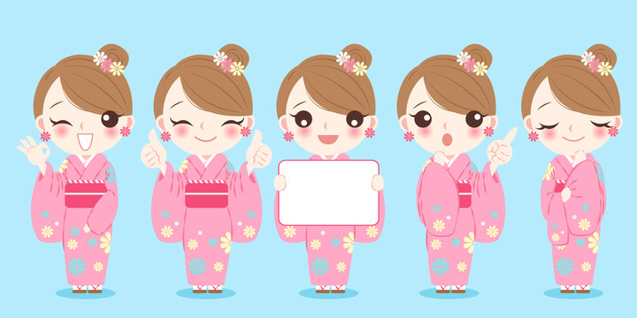 女人穿著和服做各種手勢平面插圖