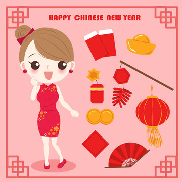 穿旗袍的女性與中國新年元素賀圖