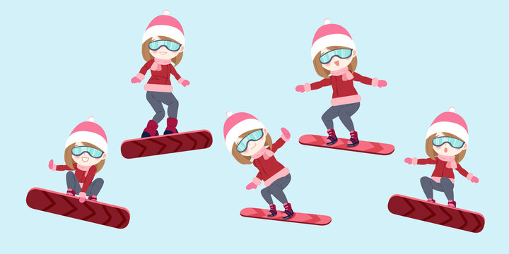 女性单板滑雪姿势插图素材