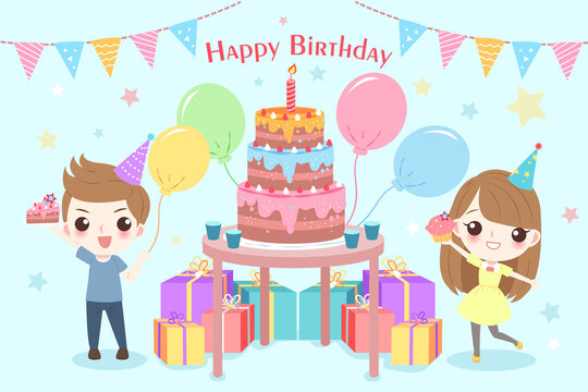 孩子们头戴生日帽 站在三层蛋糕旁庆生插图