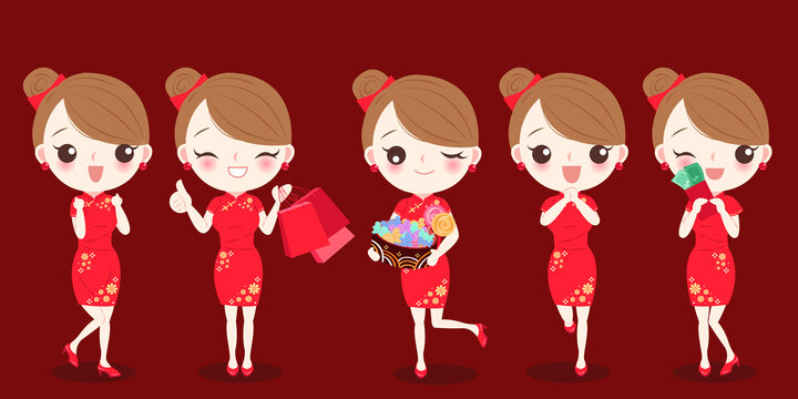 穿旗袍女性手拿新年元素物品拜年插圖素材