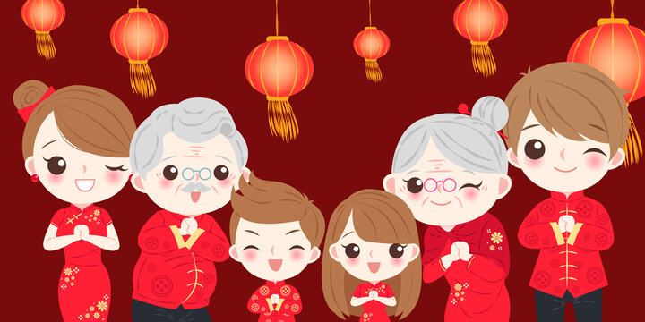 一家人穿旗袍拜年 中國春節(jié)賀圖