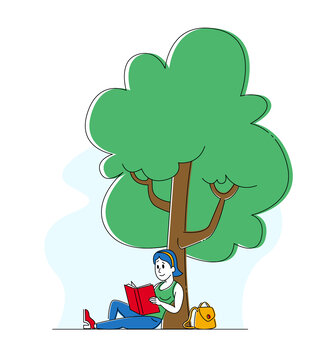 手绘风女人坐在大树下 悠闲看书插图