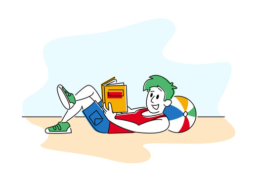 手绘风男人躺在沙滩上 悠闲看书插图