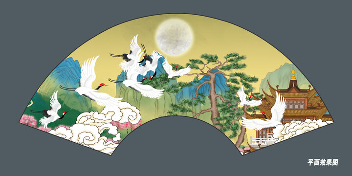 折扇松鶴圖