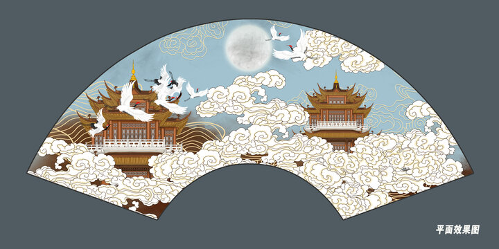 祥云折扇閣樓插畫