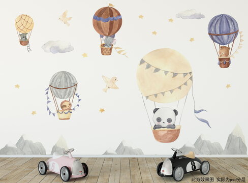 手绘动物热气球儿童房背景墙
