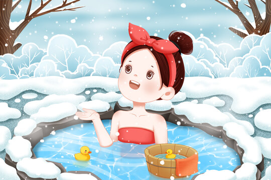 节气插画冬天雪中泡温泉的女孩
