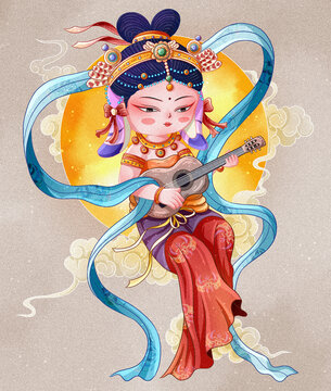 國潮風(fēng)垂耳兔敦煌飛天樂者吉他